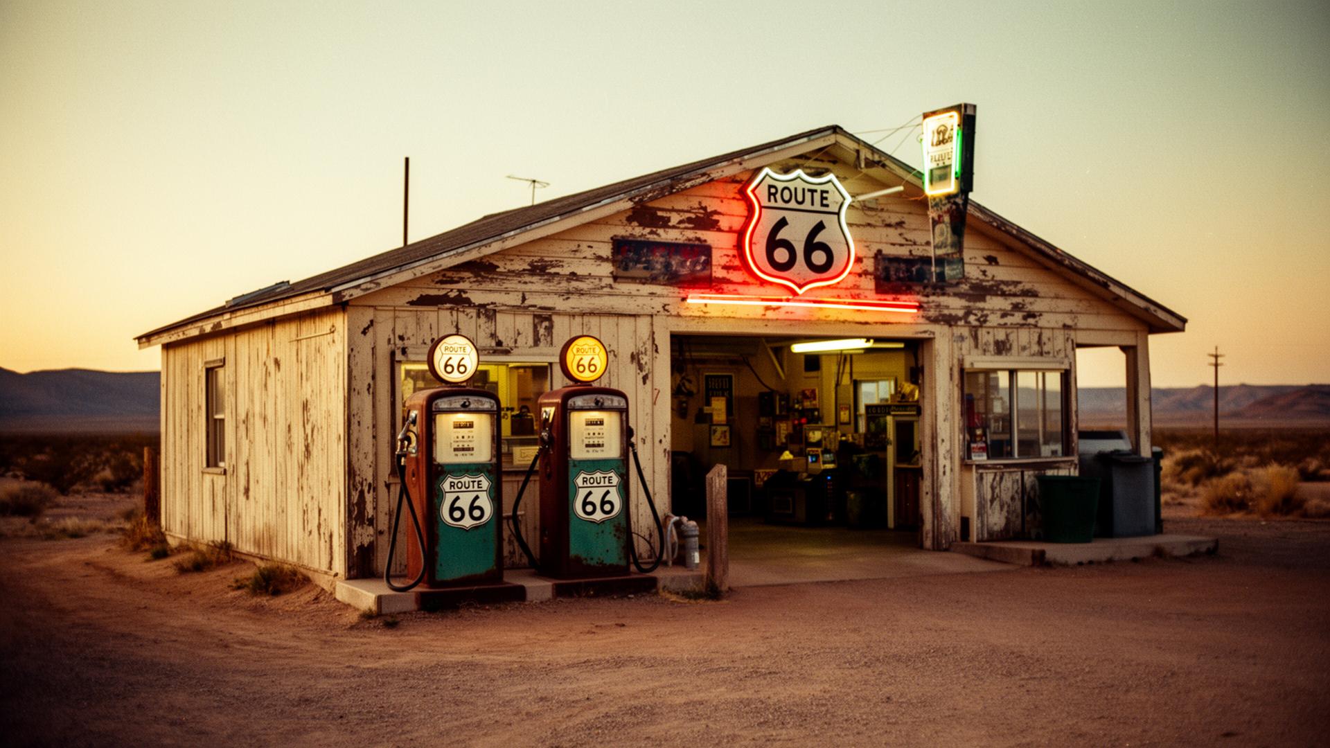 Vintage Route 66 roadside garage at dusk