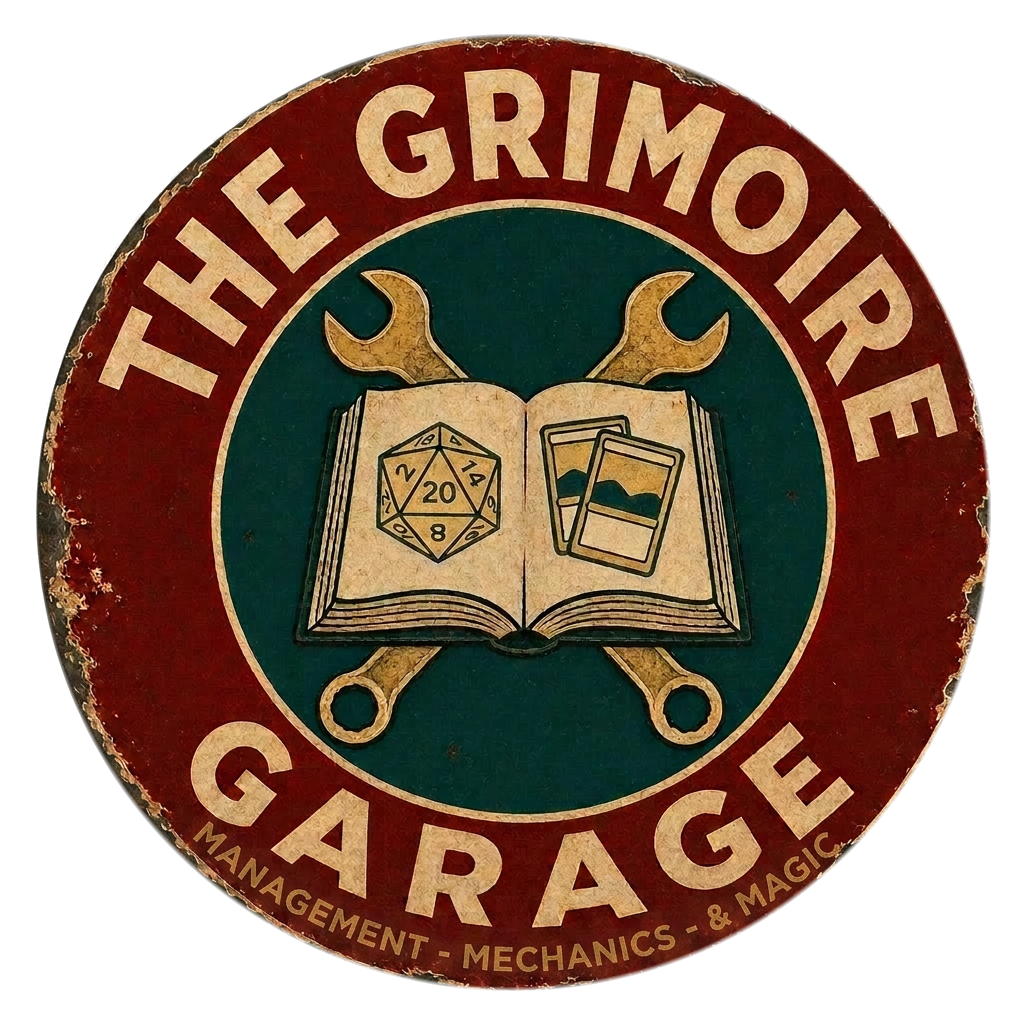 The Grimoire Garage — vintage enamel tin sign with crossed wrenches behind an open spellbook