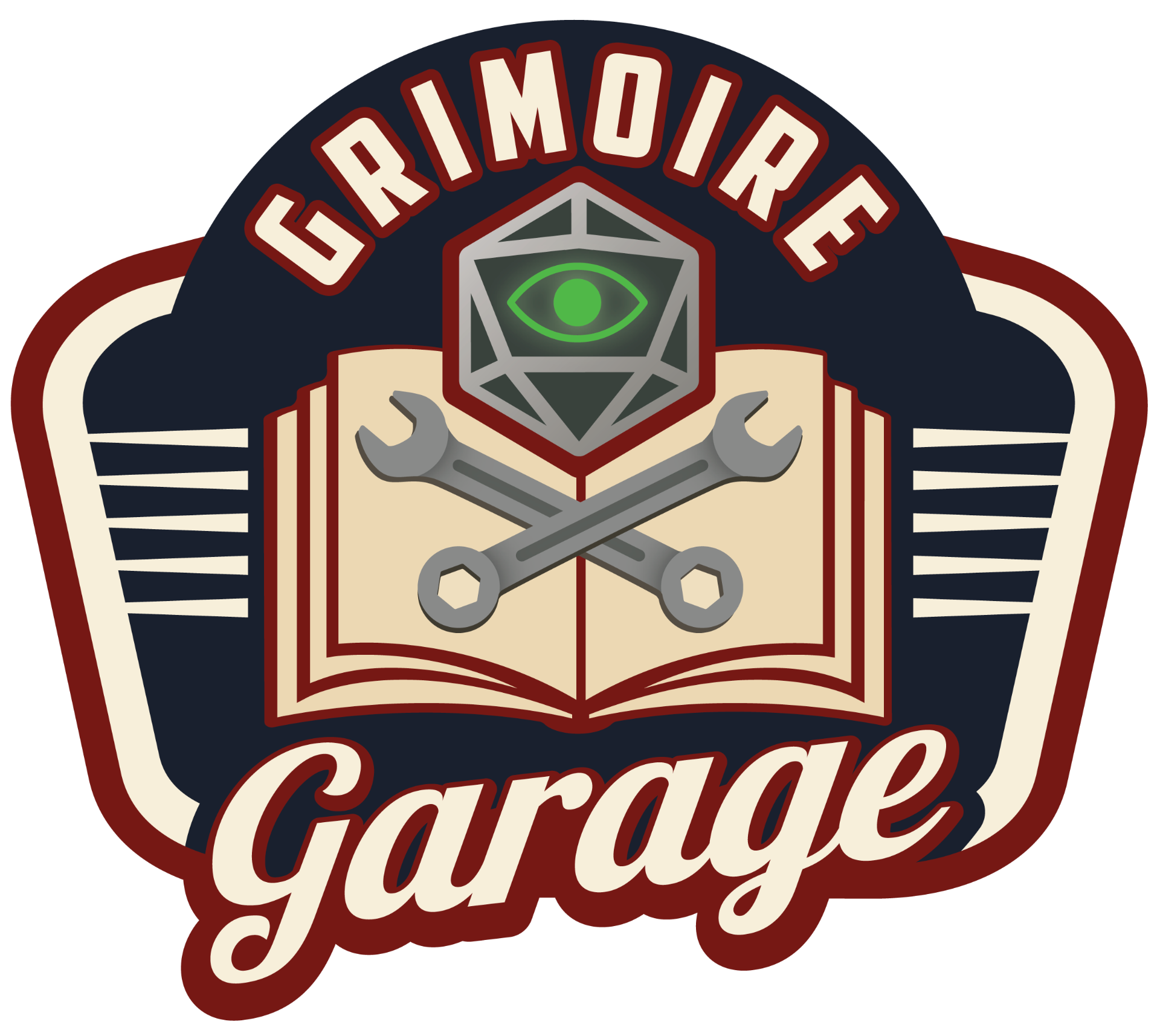 The Grimoire Garage — vintage enamel tin sign with crossed wrenches behind an open spellbook